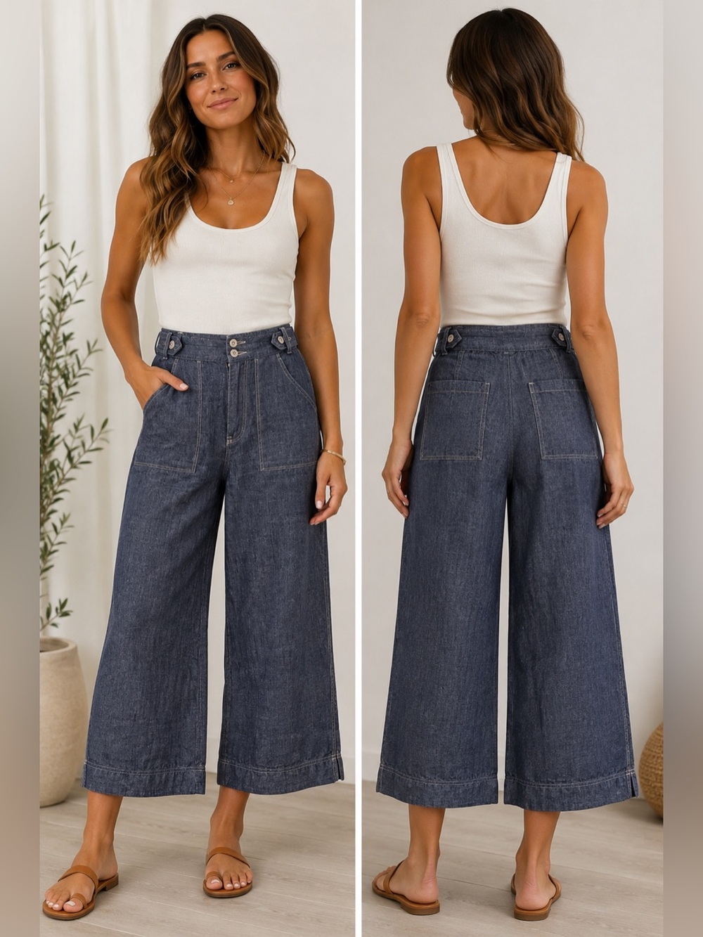 Sundance Riverbank Capri Wide-Leg High-Rise 100% Linen Denim Pants - Indigo Blue